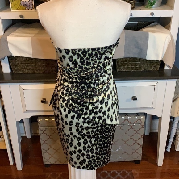 Alphorria Leopard Print Black/Tan Strapless‎ Mini Side Pleated Dress Size P/4 - Picture 5 of 12